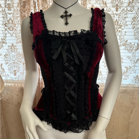vintage burgundy red velvet and lace corset - Picture 2 of 6